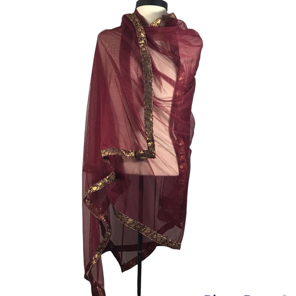 Maroon Organza Dupatta Gota Patti Shawl Scarf Gold Trim 92” x 42”